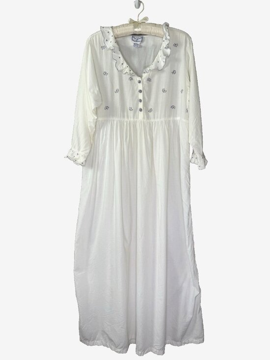 Vintage April Cornell Medium Nightgown White Floral Embroidered Prairie Cottage - Picture 1 of 11